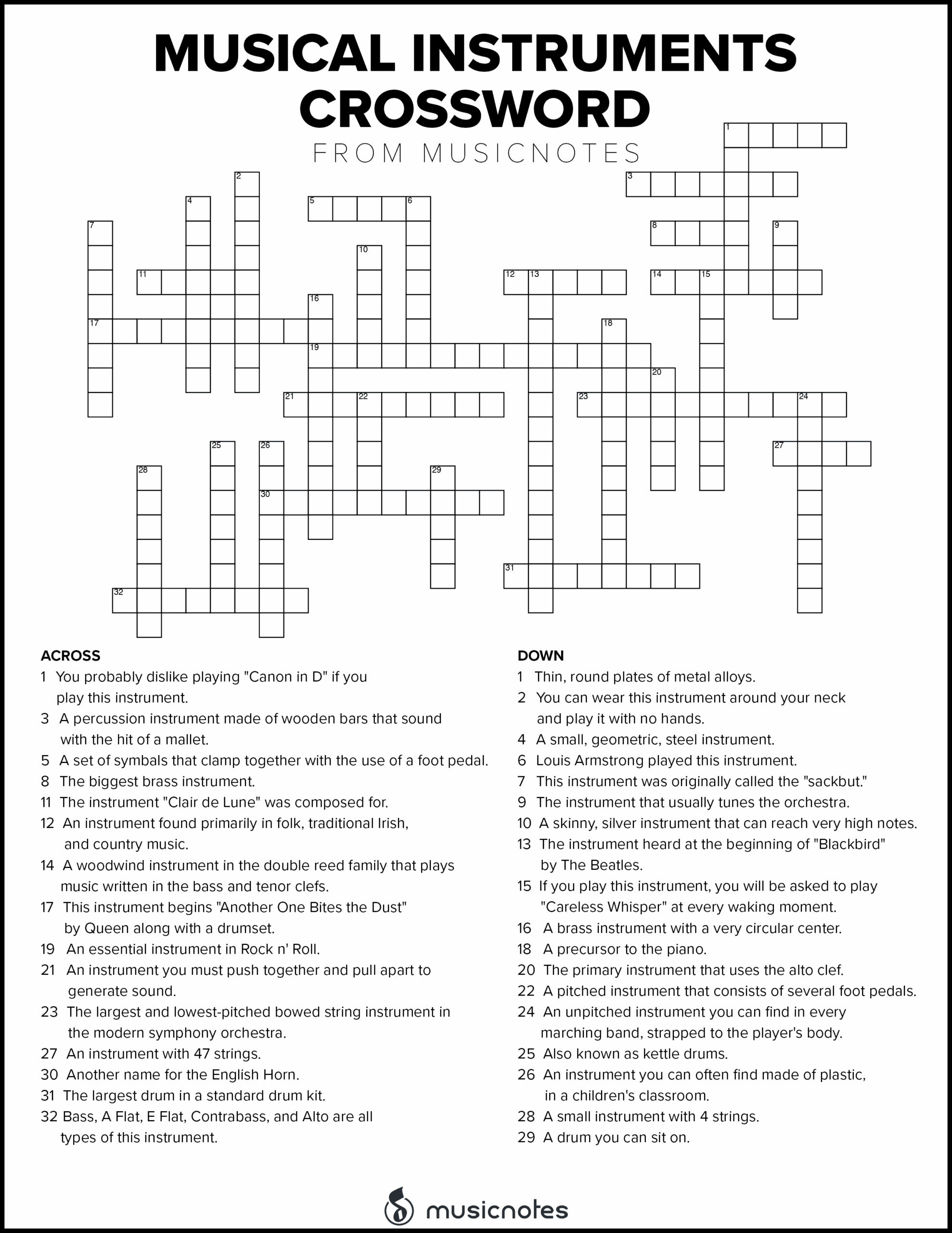 Free Printable Woodwind Crossword Puzzle