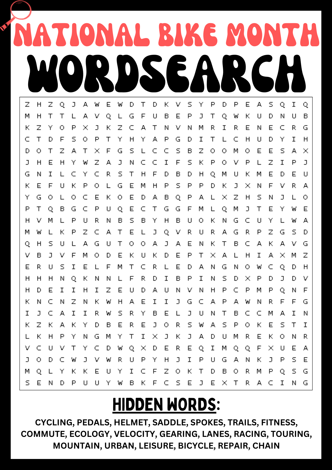 NATIONAL BIKE MONTH Wordsearch Puzzle Worksheet Printables Activity Made By Teachers