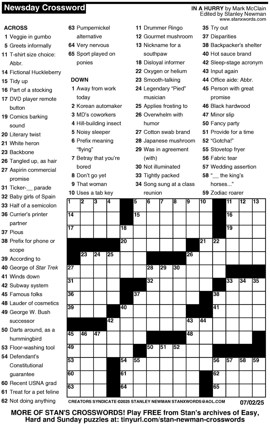 Newsday Crossword Puzzle For Jul 02 2025 By Stanley Newman Creators Syndicate