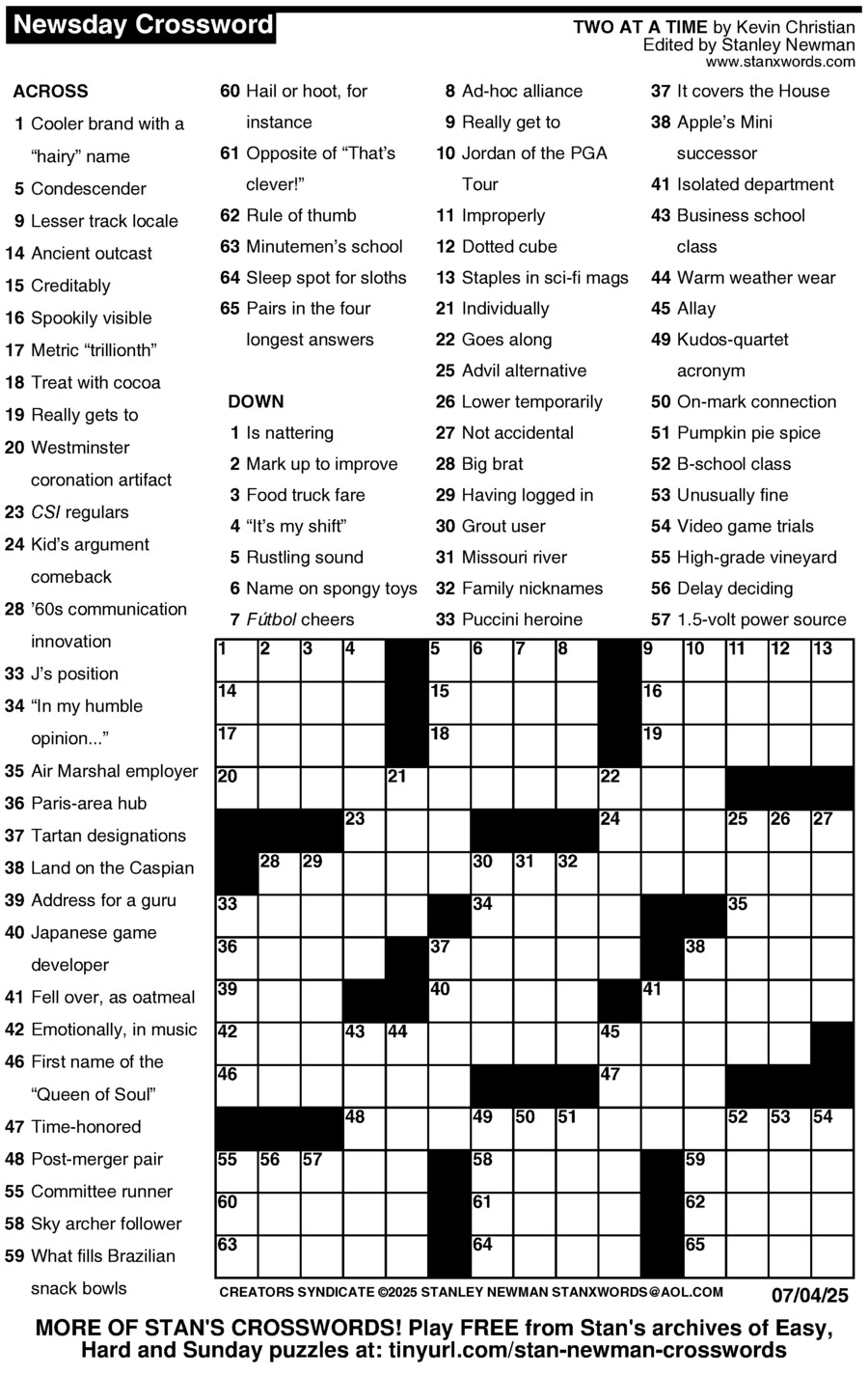 Newsday Crossword Puzzle For Jul 04 2025 By Stanley Newman Creators Syndicate