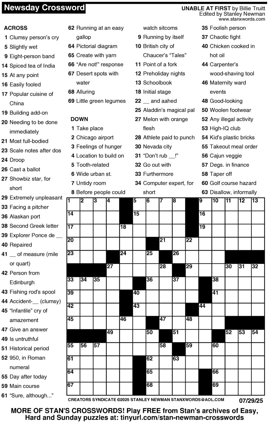 Newsday Crossword Puzzle For Jul 29 2025 By Stanley Newman Creators Syndicate