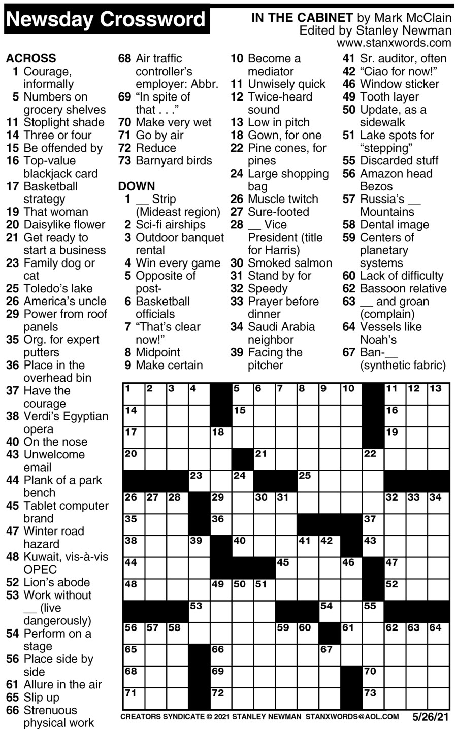 Newsday Crossword Puzzle For May 26 2021 By Stanley Newman Creators Syndicate Newsday Crossword Puzzle For May 26 2021 By Stanley Newman Creators Syndicate