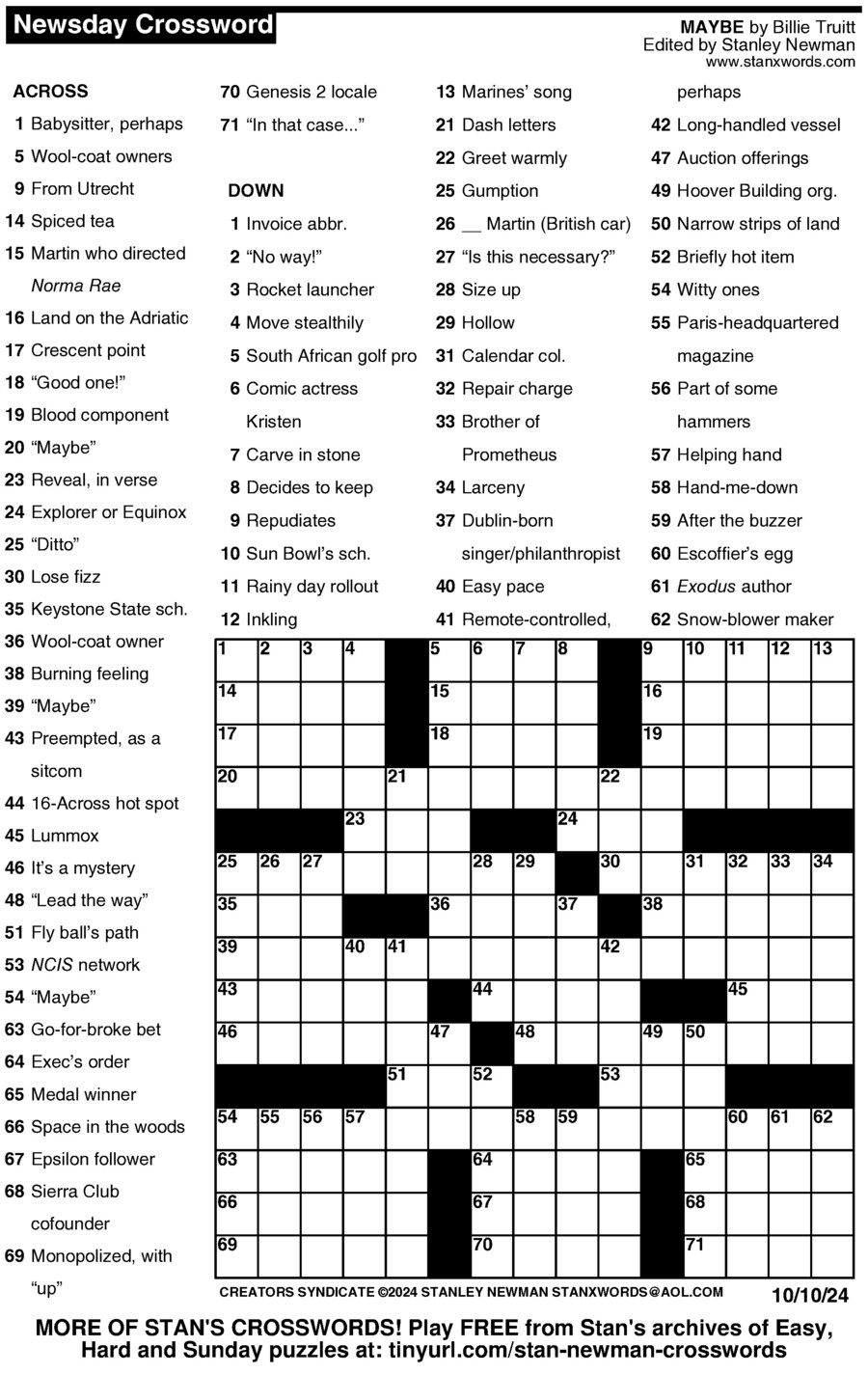 Newsday Crossword Puzzle For Oct 10 2024 By Stanley Newman Creators Syndicate