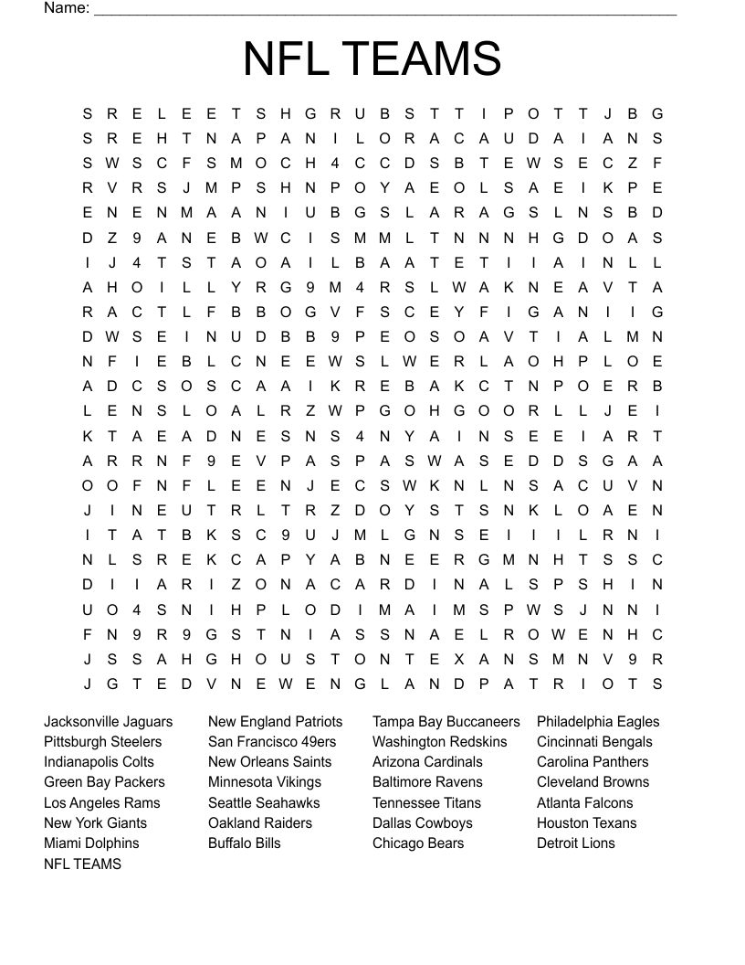 NFL TEAMS Word Search WordMint