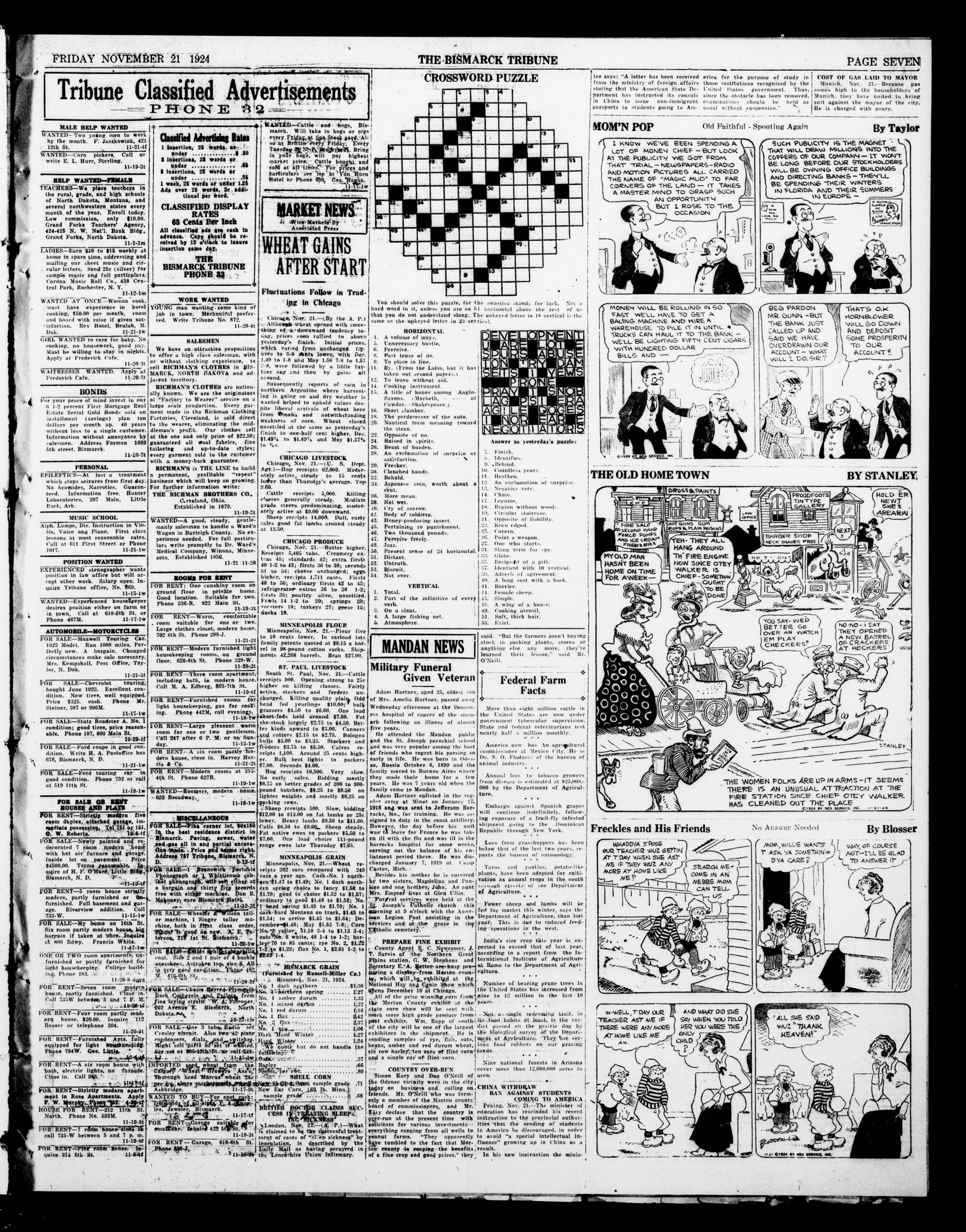 November 21st 1924 The Bismarck Tribune Page 7 With An interesting Crossword Puzzle R 100yearsago