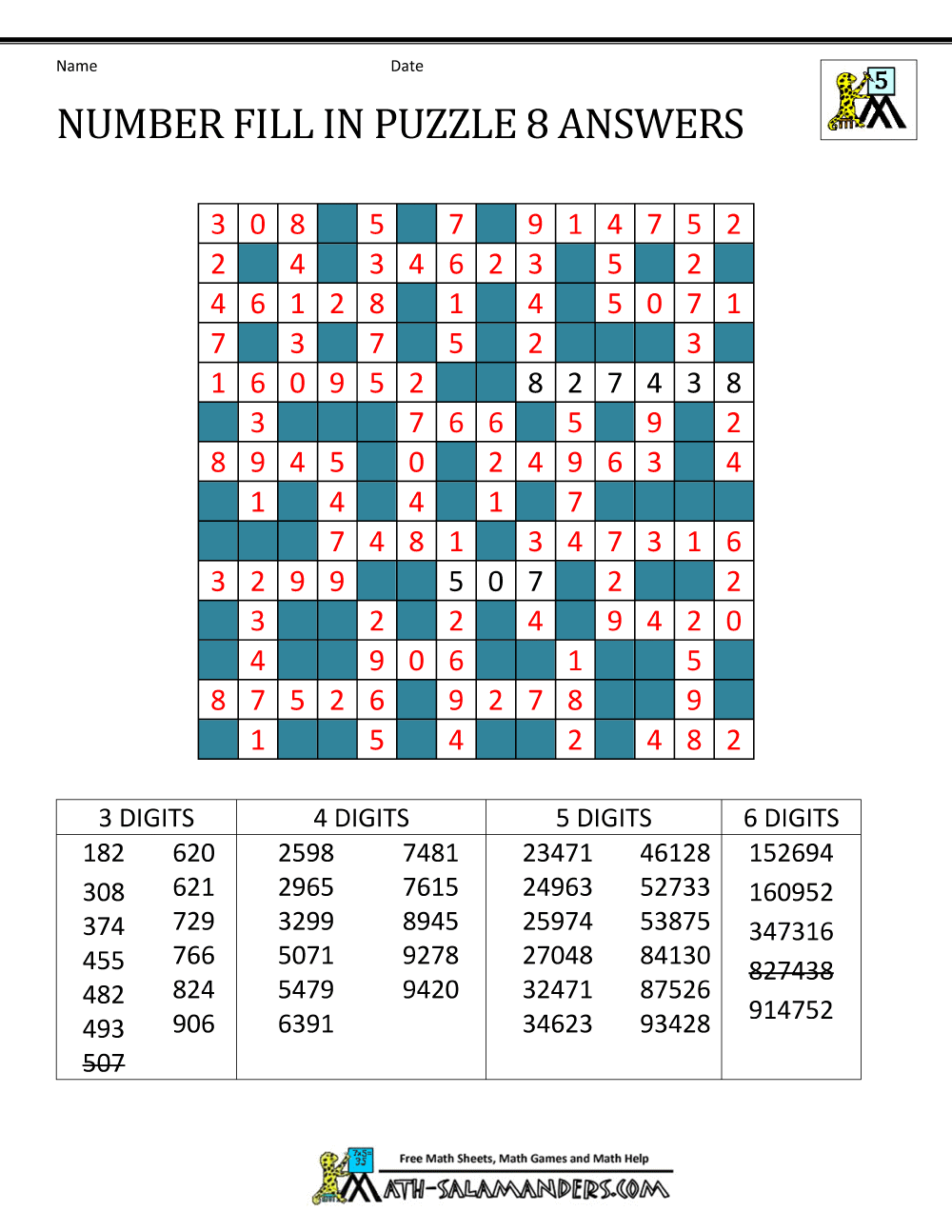 Number Fill In Puzzles