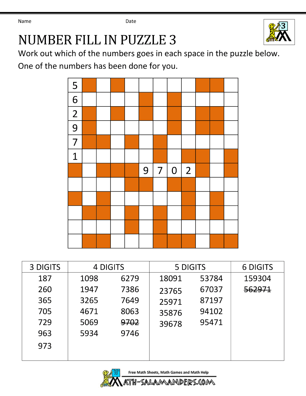 Number Fill In Puzzles