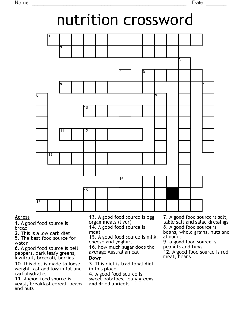 Nutrition Crossword WordMint Nutrition Crossword WordMint