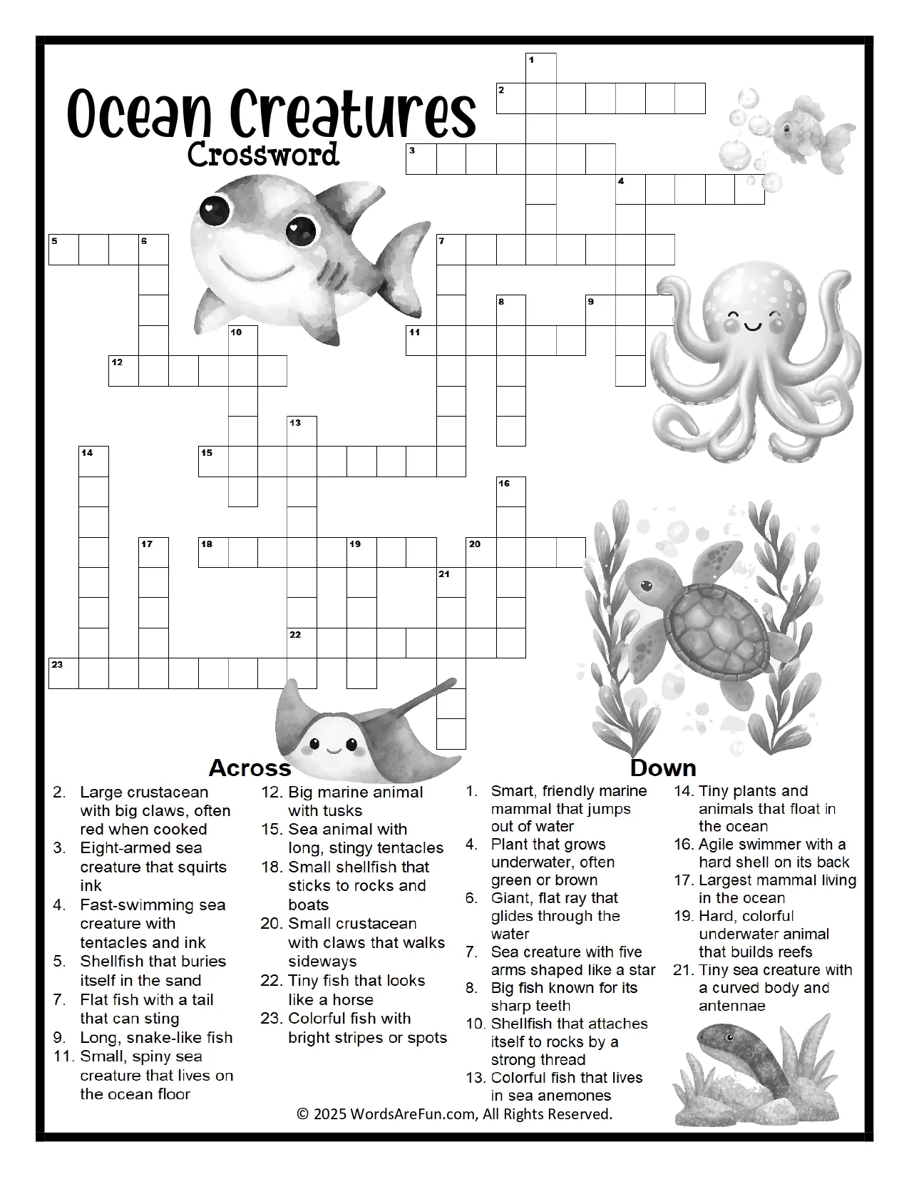 Ocean Creatures Crossword Puzzle Printable For Kids Classrooms Payhip