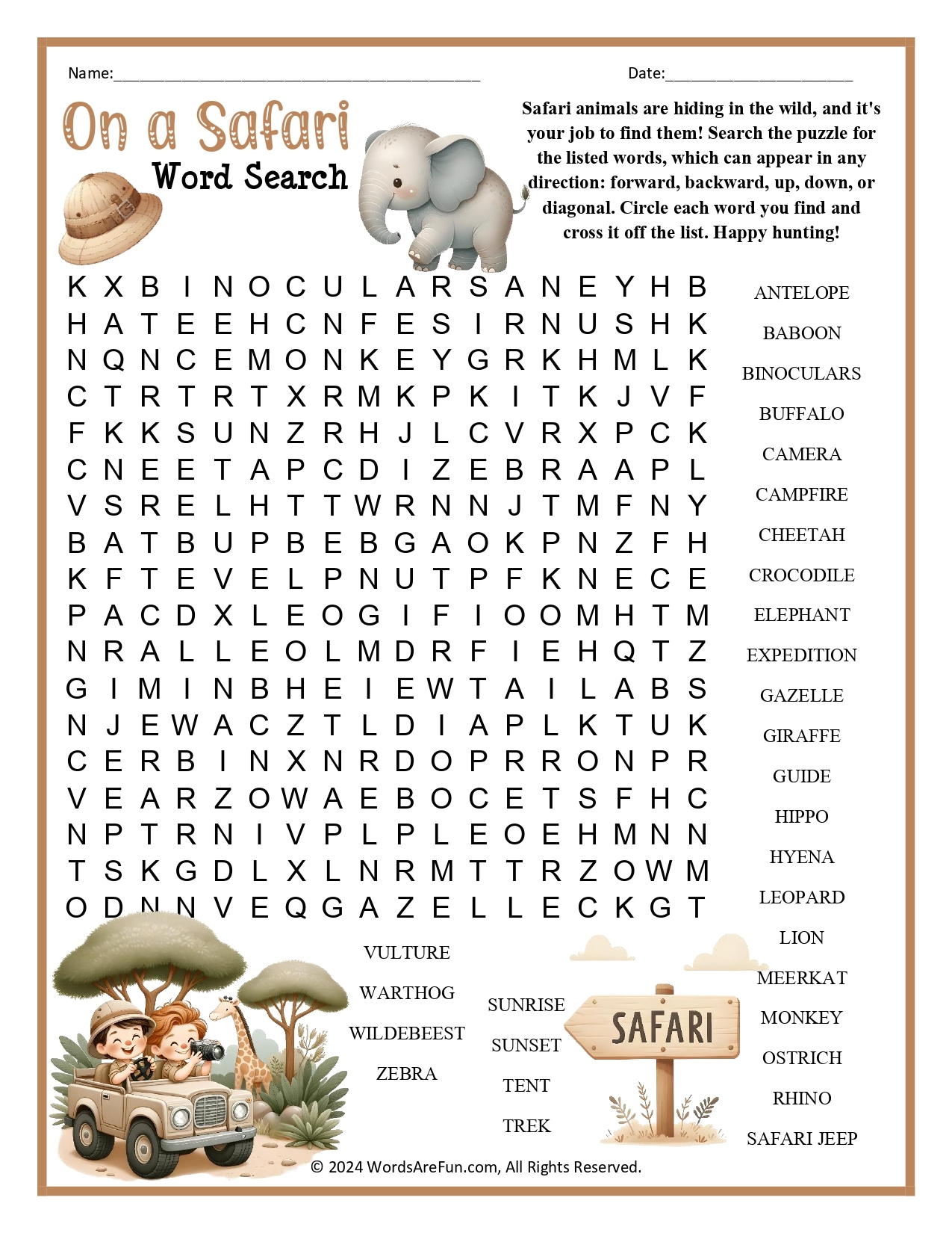 On A Safari Word Search On A Safari Word Search