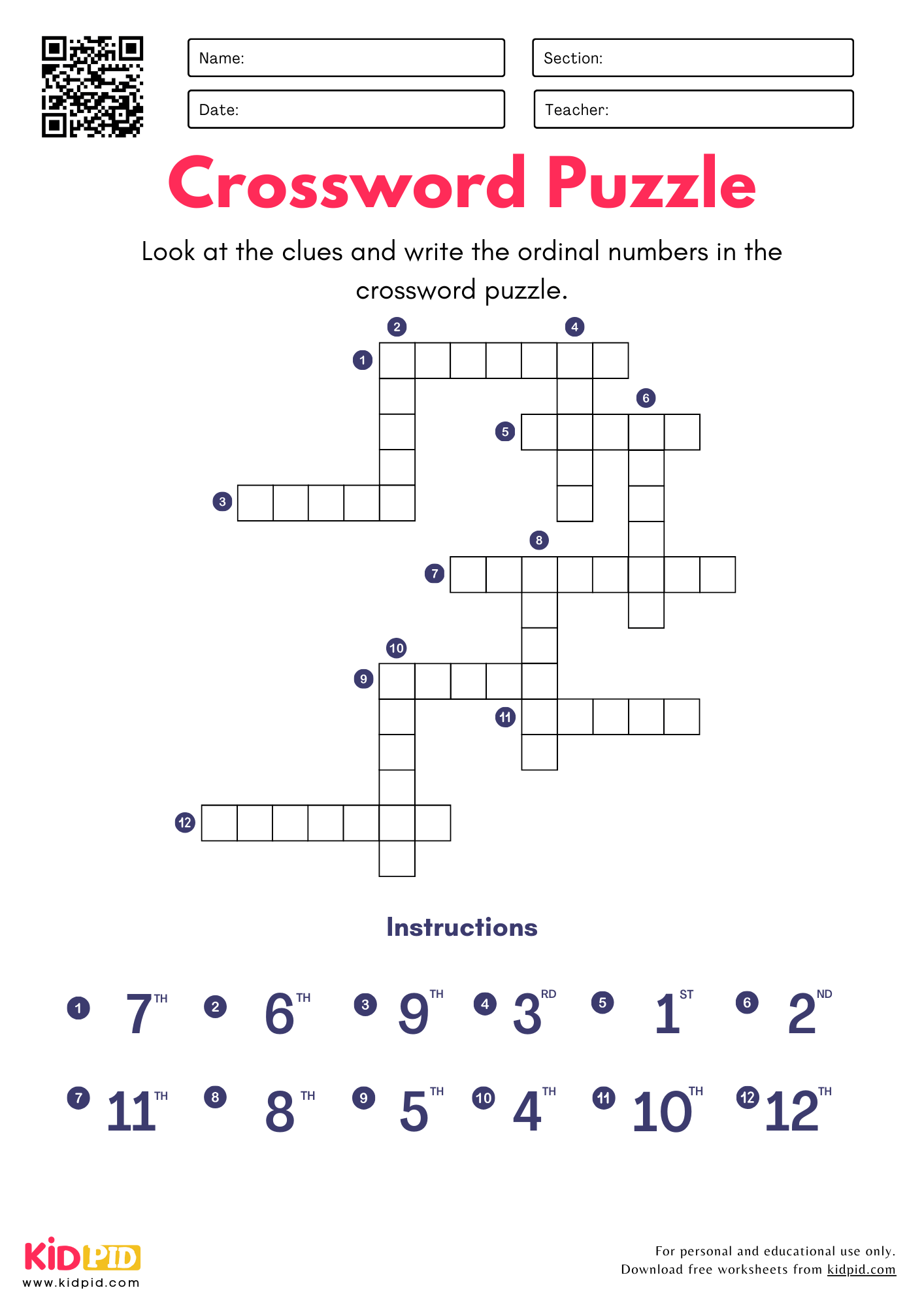 1st Grade Kids Crosswords Printable