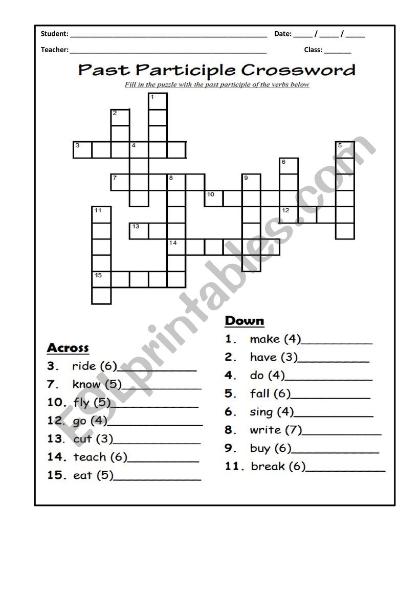 Past Participle Crossword ESL Worksheet By Cintialeida