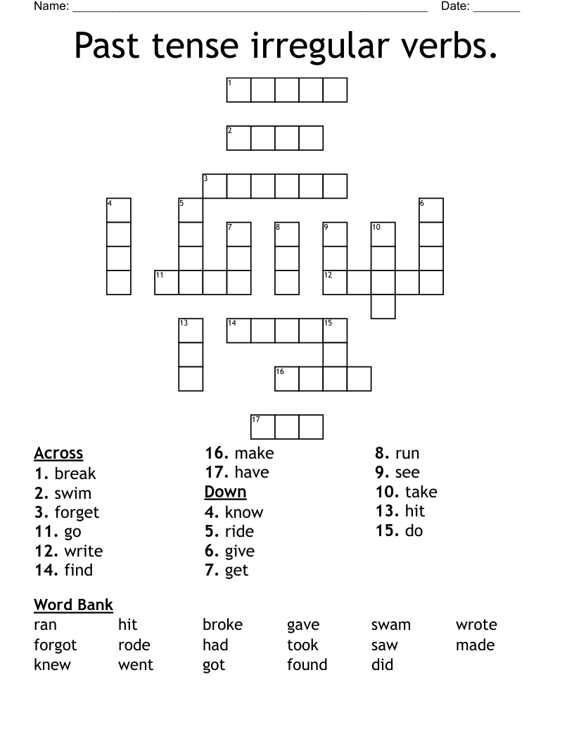 Past Tense Irregular Verbs Crossword WordMint