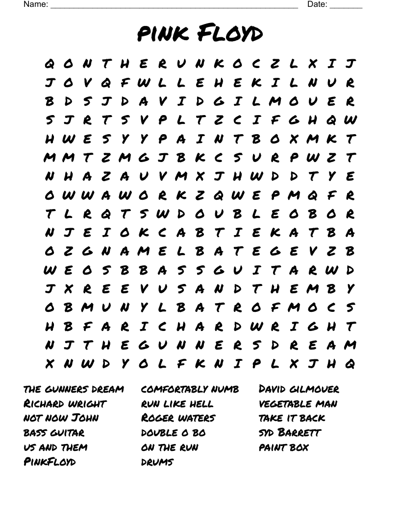 Pink Floyd Word Search WordMint