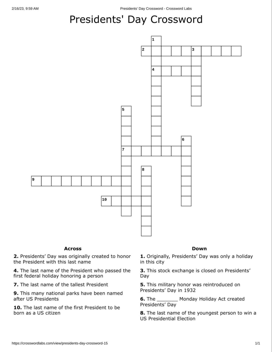 President s Day Crossword The Trailblazer President s Day Crossword The Trailblazer