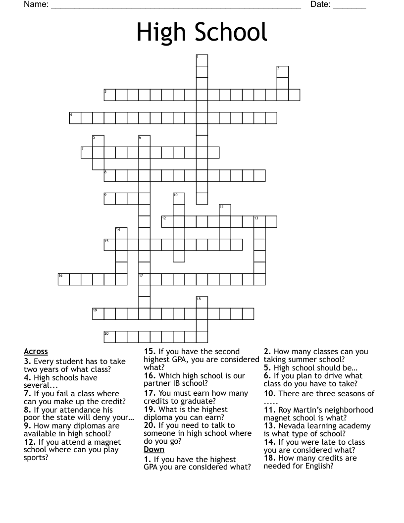 Printable Crossword Puzzles For High School Students Printable Worksheets Library