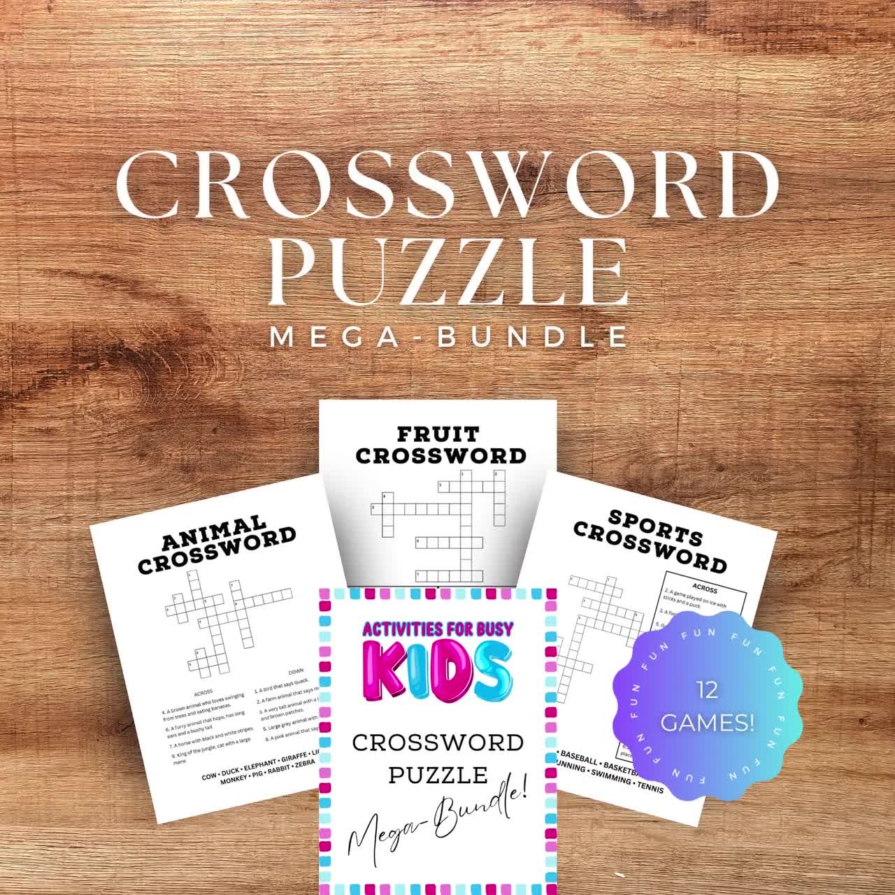 Printable Crossword Puzzles Word Activities For Kids Crossword Puzzle Crossword Book Word Puzzle Printable Word Game Kids Crossword Etsy