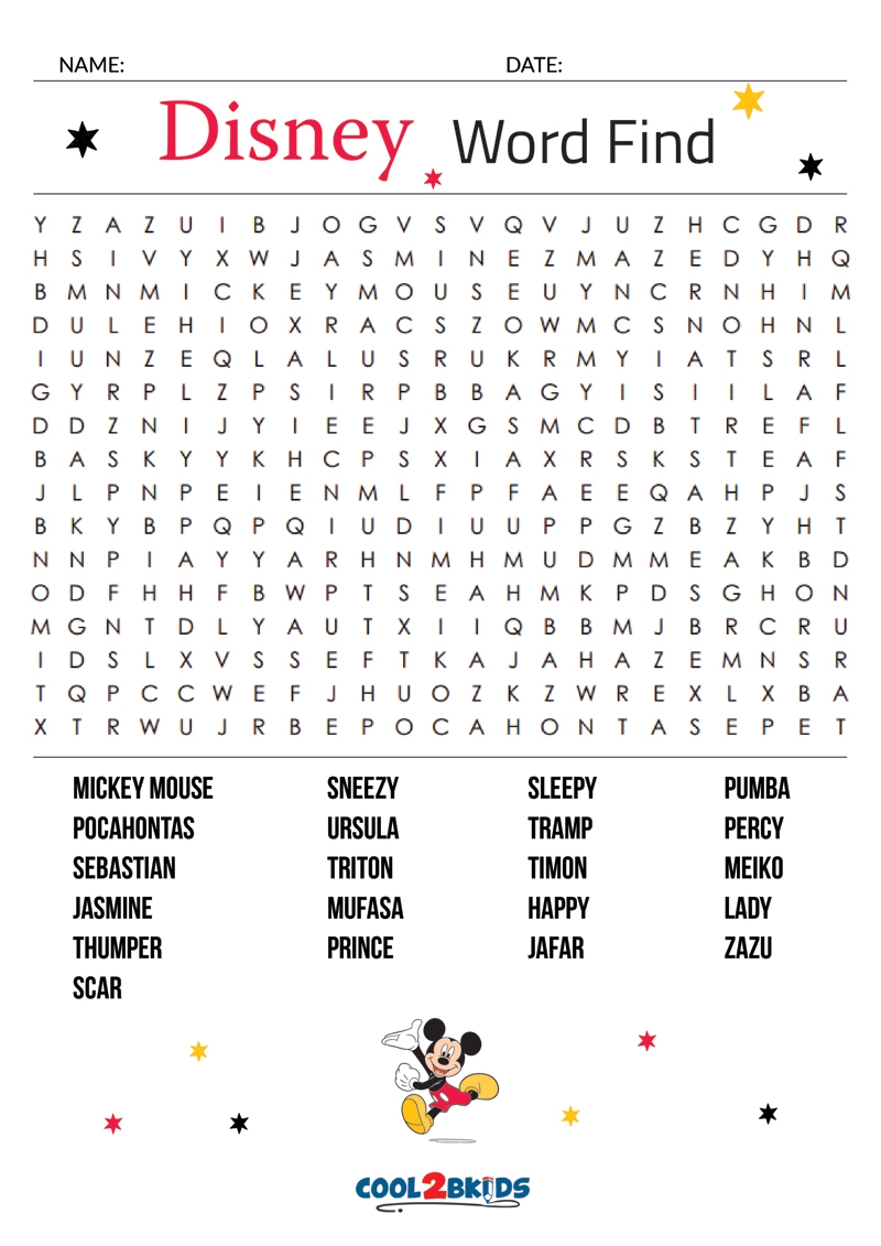 Disney Land Printable Crossword Puzle
