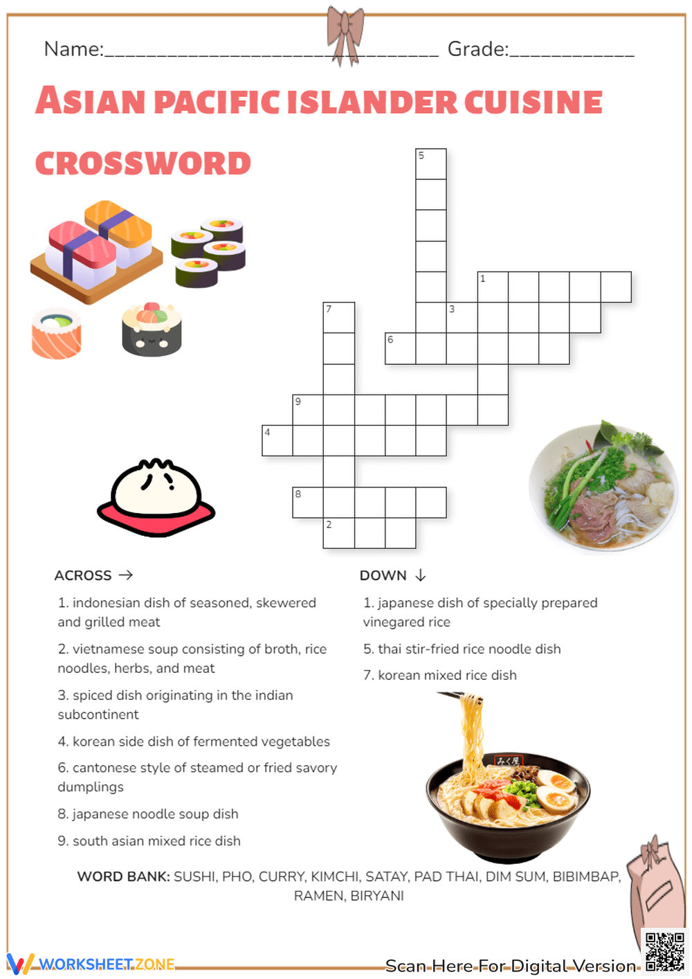 Printable Food Crossword Puzzle Worksheets Download