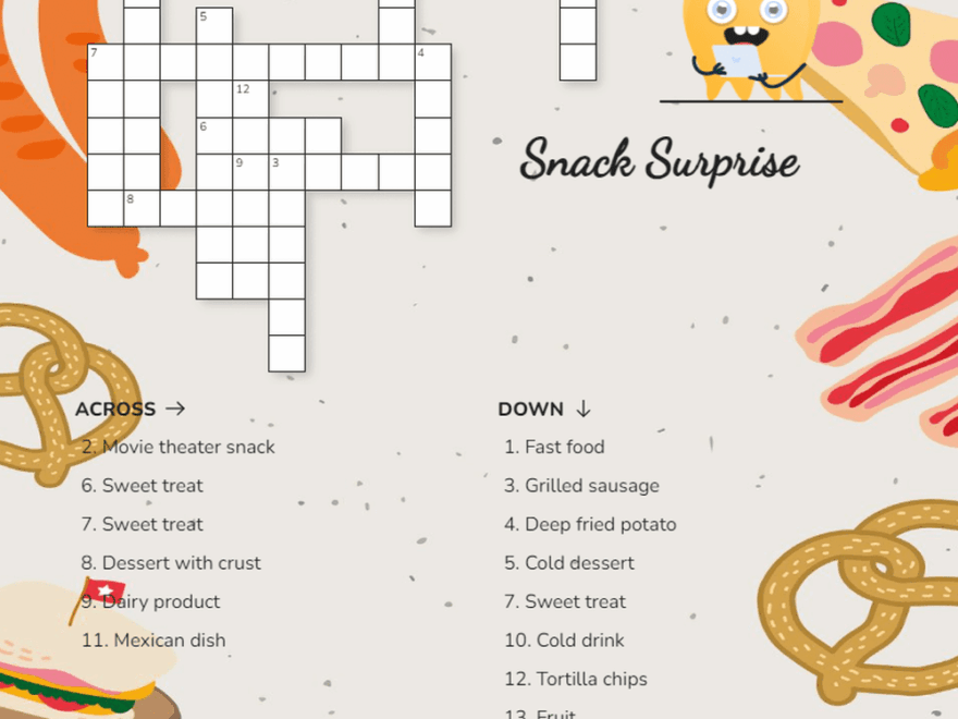Printable Food Crossword Puzzle Worksheets Download