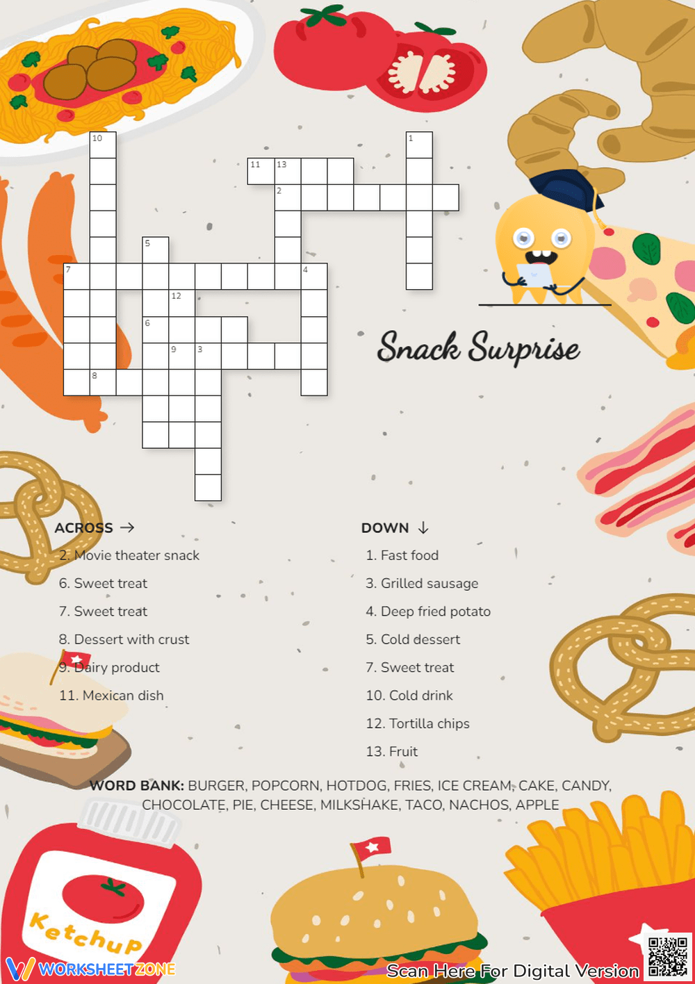 Printable Food Crossword Puzzle Worksheets Download