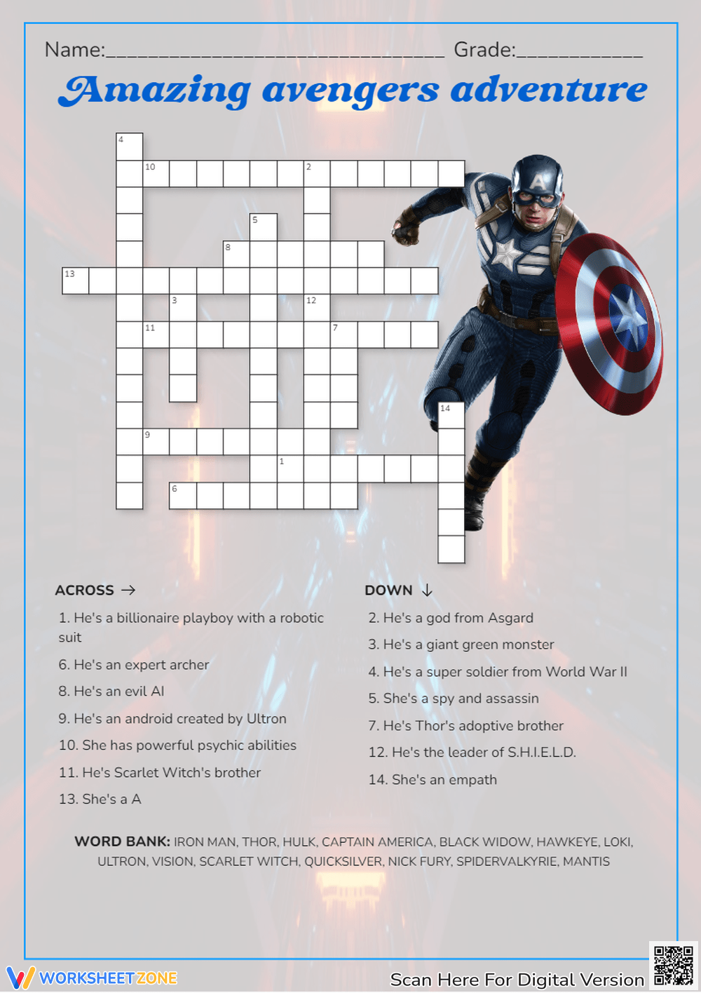 Printable Marvel Crossword Puzzle Worksheets