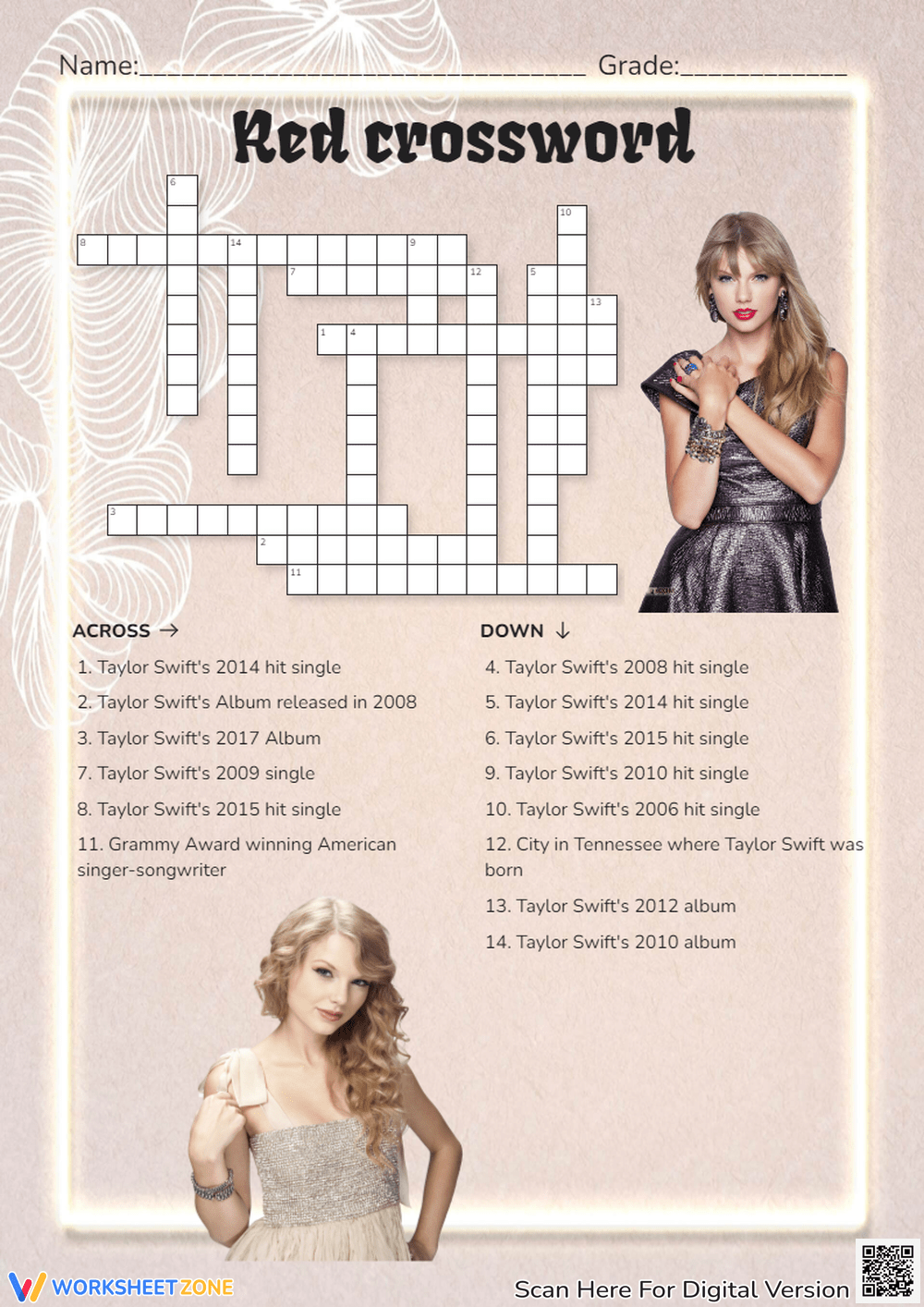 Printable Taylor Swift Crossword Worksheets
