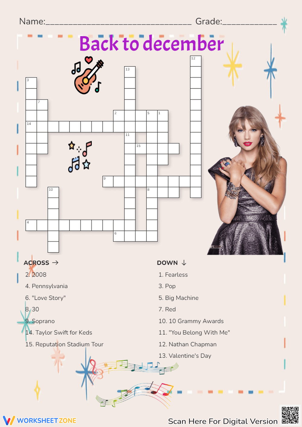 Printable Taylor Swift Crossword Worksheets