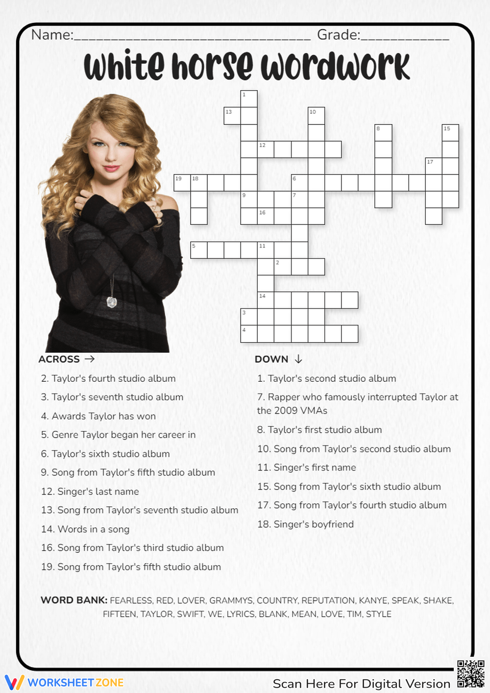 Printable Taylor Swift Crossword Worksheets