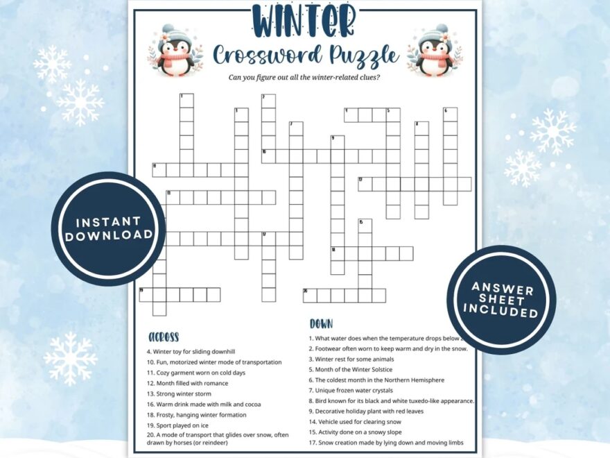 Printable Winter Crossword Puzzle For Kids And Adults Fun Winter Word Game For Family Game Night Or Classroom Activities Instant Download Etsy