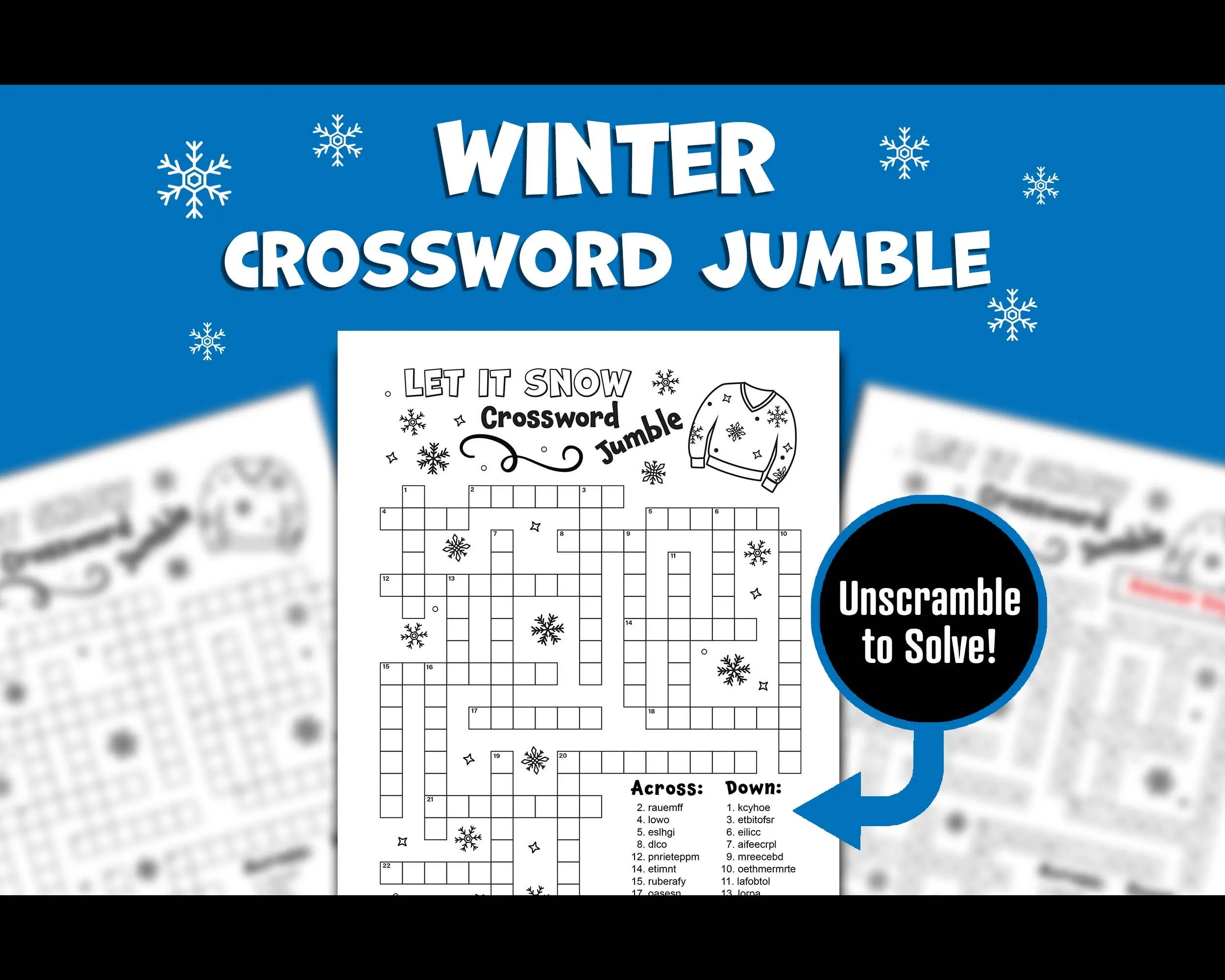 Printable Winter Crossword Puzzle Word Scramble Kids Activity Holiday Classroom Party Games Family Game Night Etsy