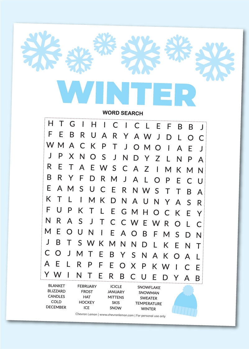 Printable Winter Word Search Chevron Lemon