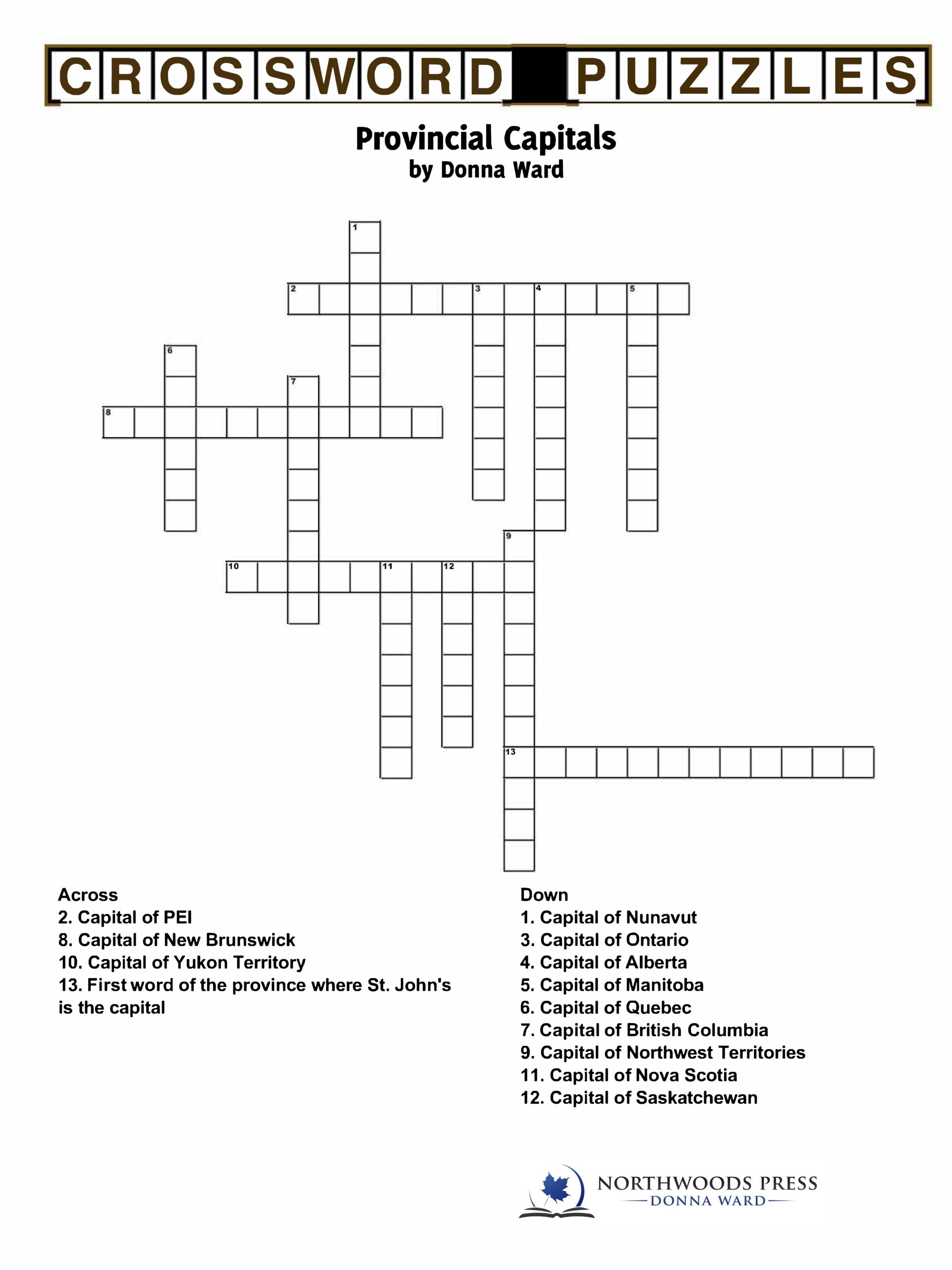 Provincial Capitals Crossword Printable Northwood Press