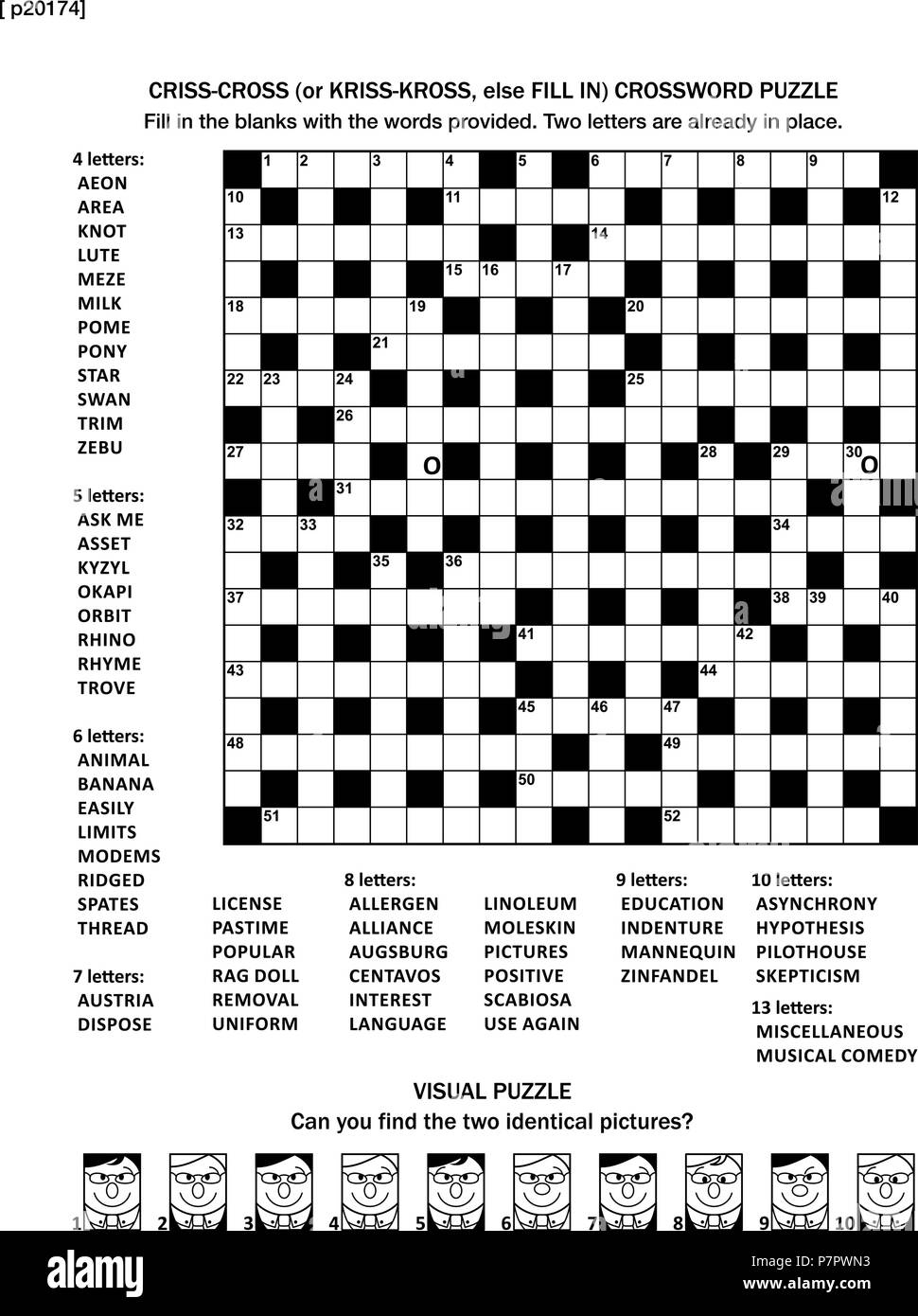 Puzzle Page With Two Games 19x19 Fill in or Criss cross Else Kriss kross Crossword Puzzle And Visual Puzzle Black And White A4 Or Letter Sized Answers Are On Separate File Stock Vector Image 