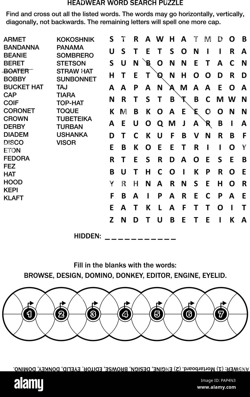 Puzzle Page With Two Word Games English Language Headwear Word Search Puzzle Common Knowledge Fill The Wheels Criss cross Answer Included Stock Vector Image Art Alamy