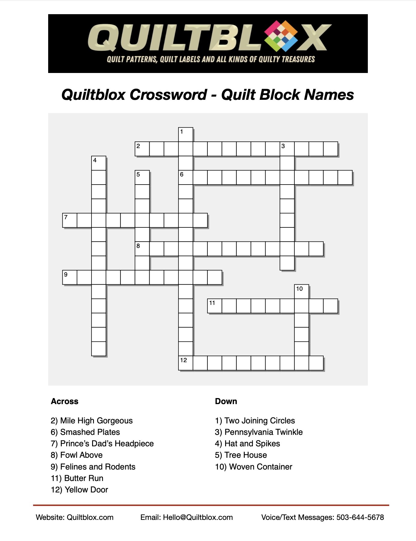 Quiltblox Crossword Puzzle 1 Quiltblox Quiltblox Crossword Puzzle 1 Quiltblox