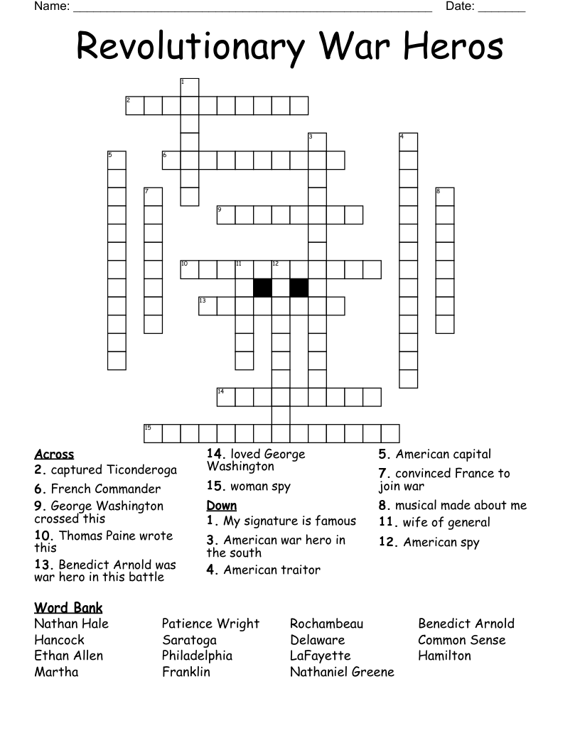 Revolutionary War Heros Crossword WordMint