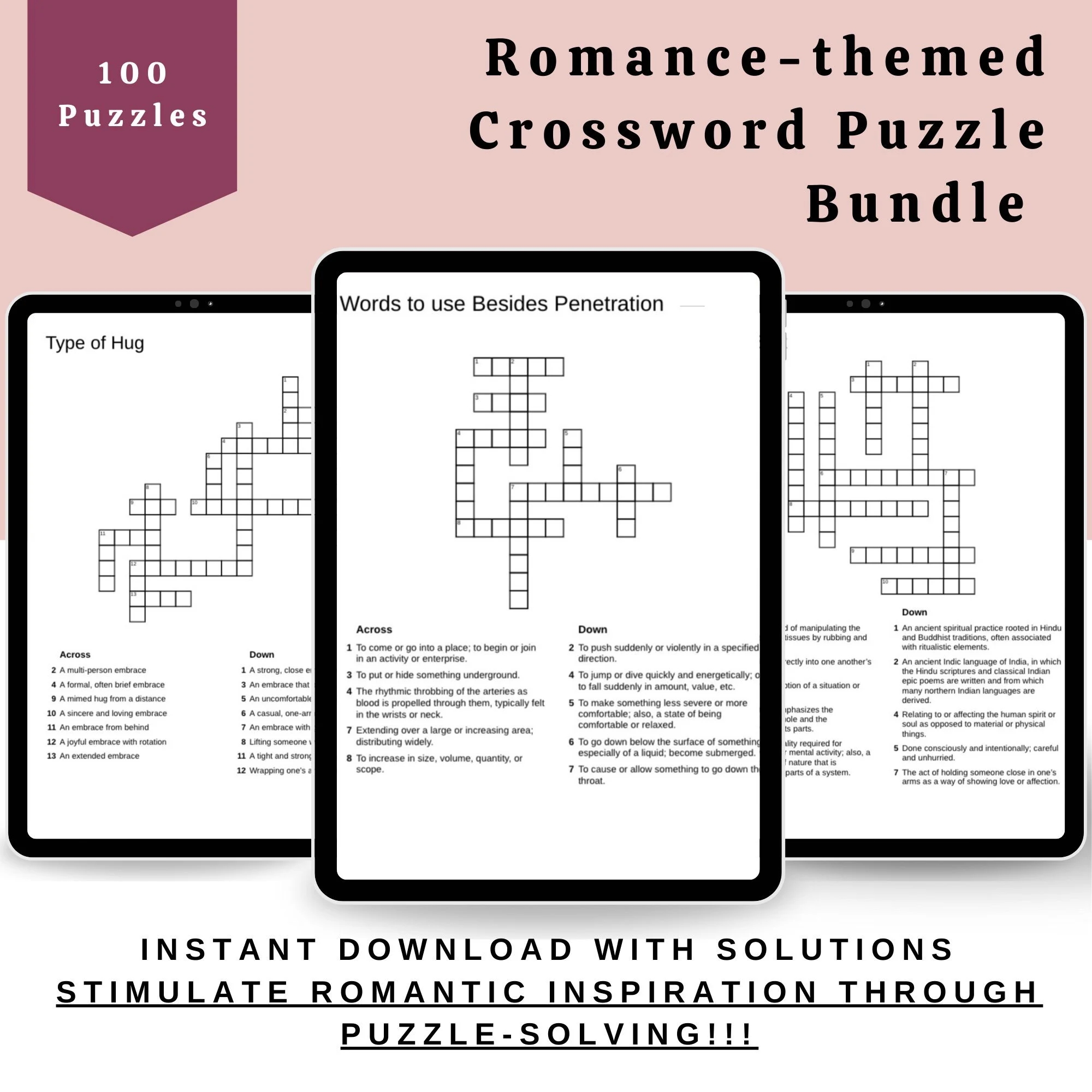 Romance themed Crossword Puzzle Bundle 100 Printable Puzzles With Solutions For Adults Instant Download Fun Adult Gifts For Her Etsy