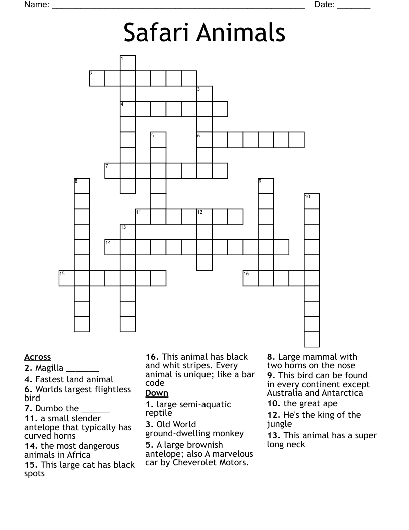 Free Printable Safari Crossword Puzzle For Kids