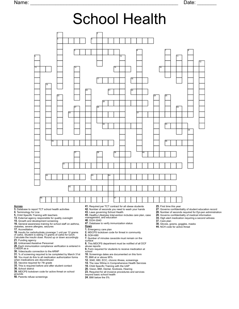 School Health Crossword WordMint School Health Crossword WordMint