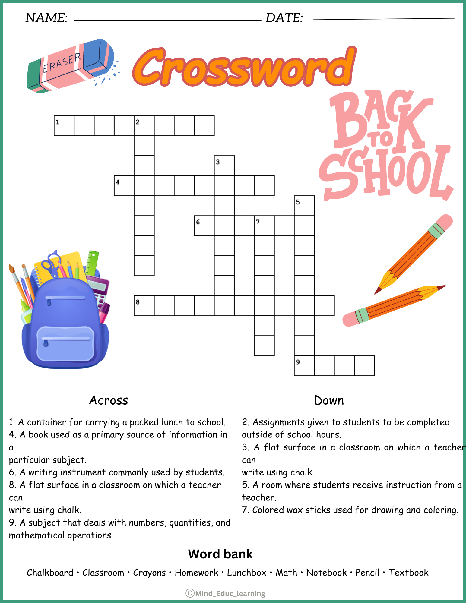 2nd Grade Crossword Puzzle Printable