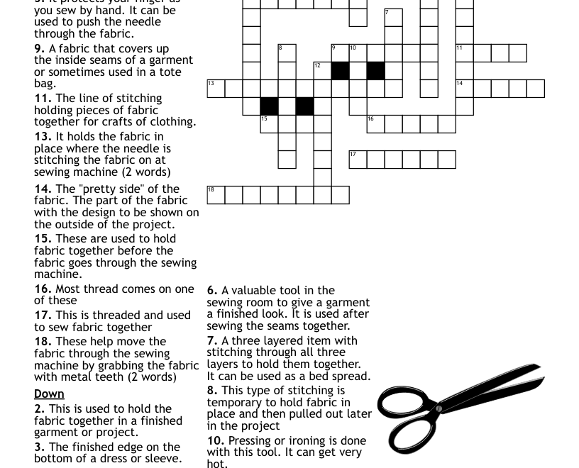 Sewing Terms Crossword Puzzle WordMint