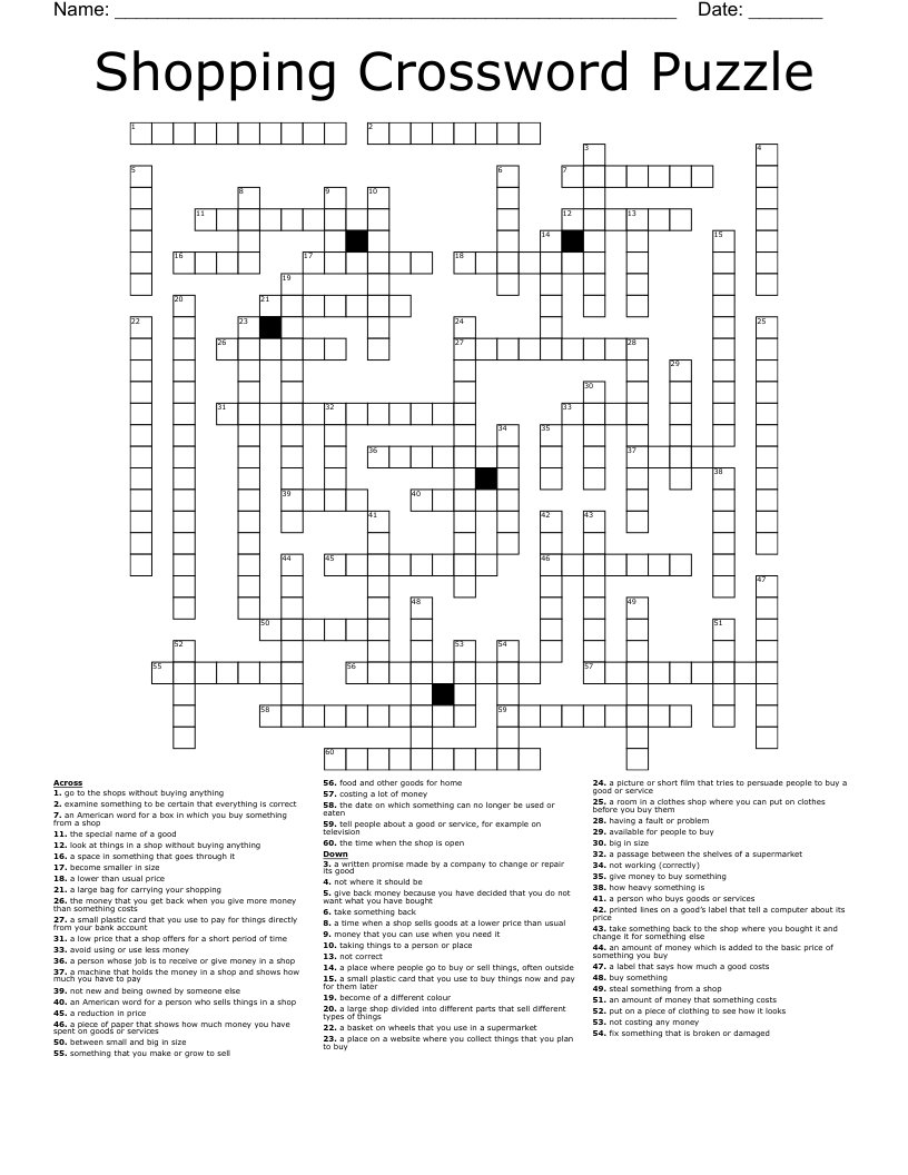 Shopping Crossword Puzzle WordMint