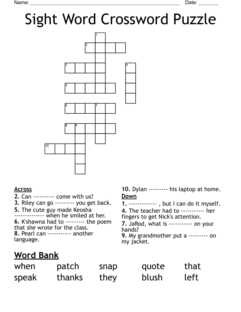 Sight Word Crossword Puzzle WordMint Sight Word Crossword Puzzle WordMint