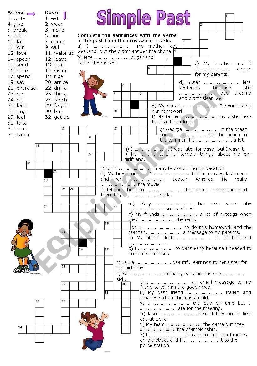 Simple Past Crossword Puzzle ESL Worksheet By Luoliveira