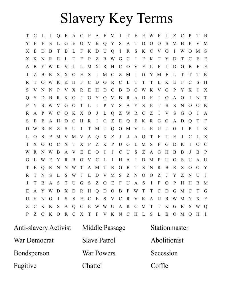Slavery Key Terms Word Search WordMint