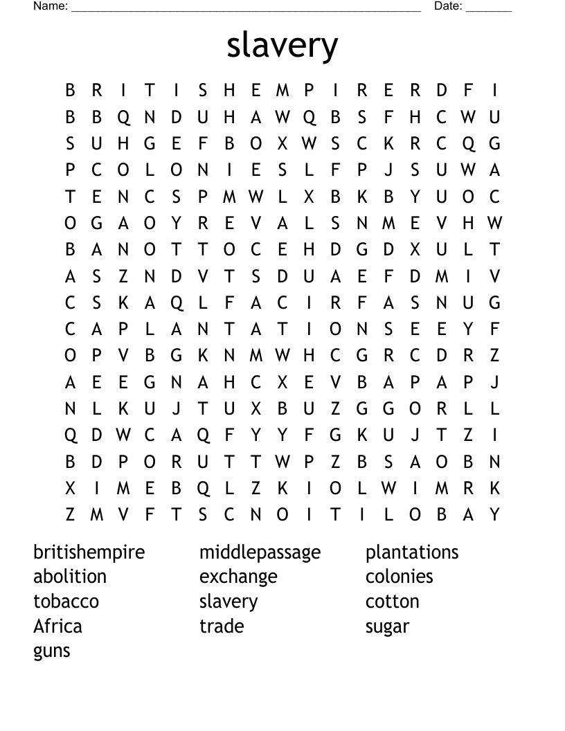 Slavery Word Search WordMint