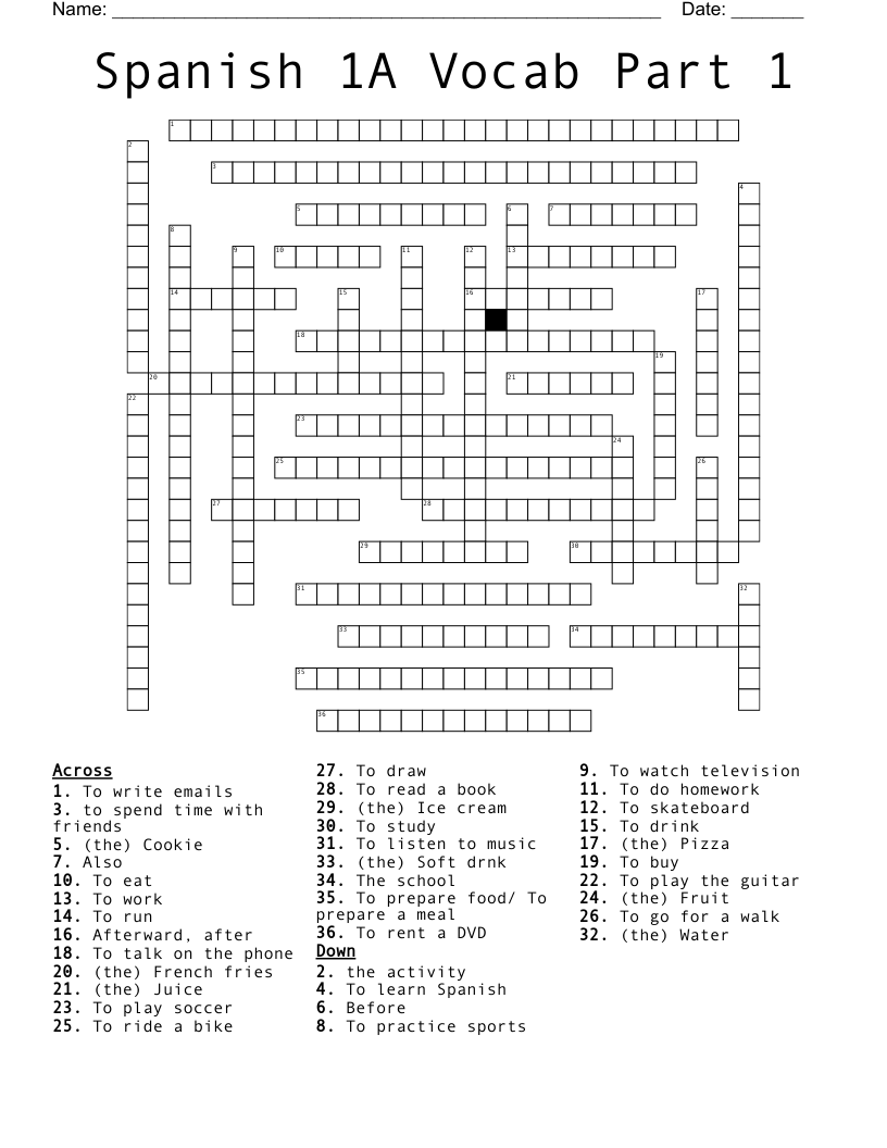 Spanish 1A Vocab Part 1 Crossword WordMint