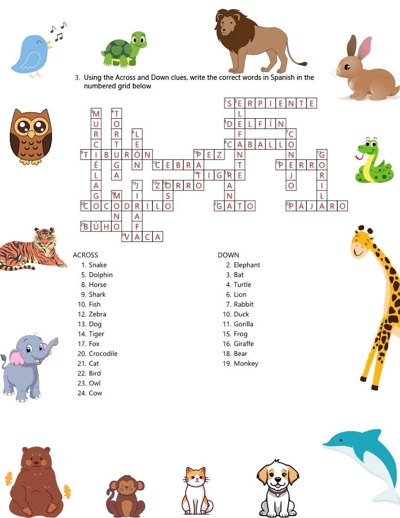 Spanish Animal Names Nombres De Animales Sopa De Letras Y Crucigrama Espa ol Crossword Wordsearch Printable Spanish Puzzles Learn Spanish Etsy