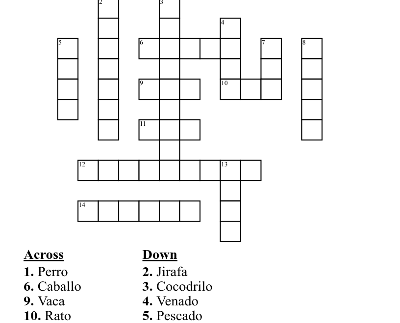 Spanish Animals Crossword WordMint